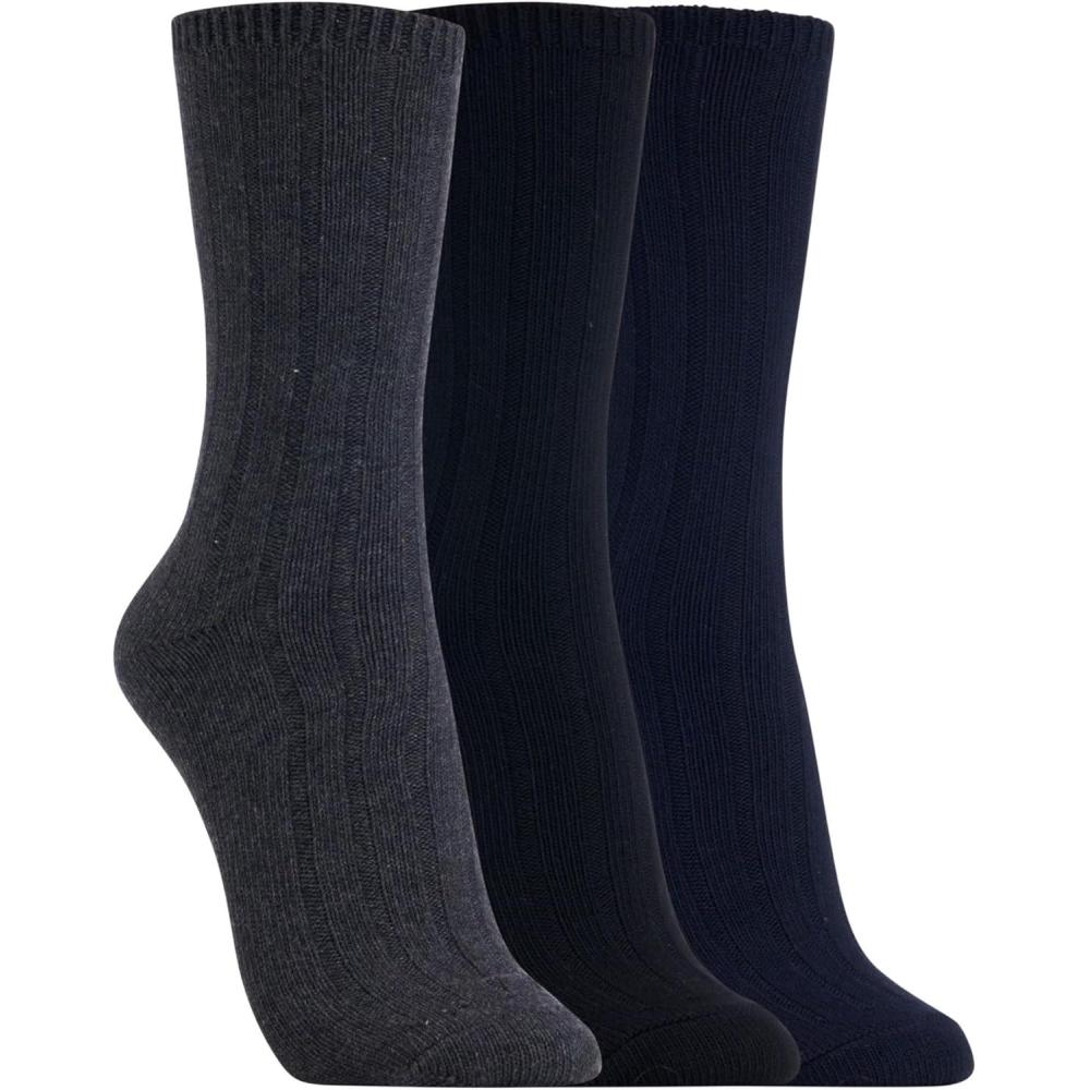 imageClarks Womens Wide Rib Crew Socks 3 Pair NavyCharcoalBlack Womens 410 Shoe