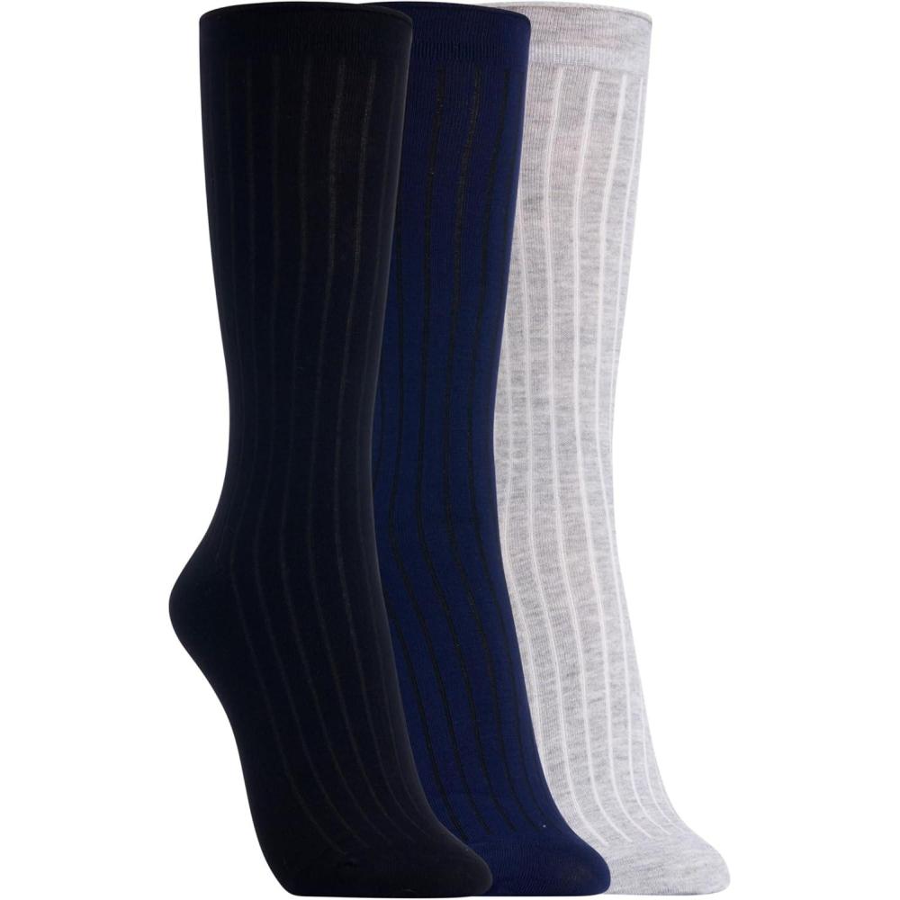 imageClarks Womens Wide Rib Roll Top Crew Socks 3 PairLt HGreyNavy Black Womens 410 Shoe